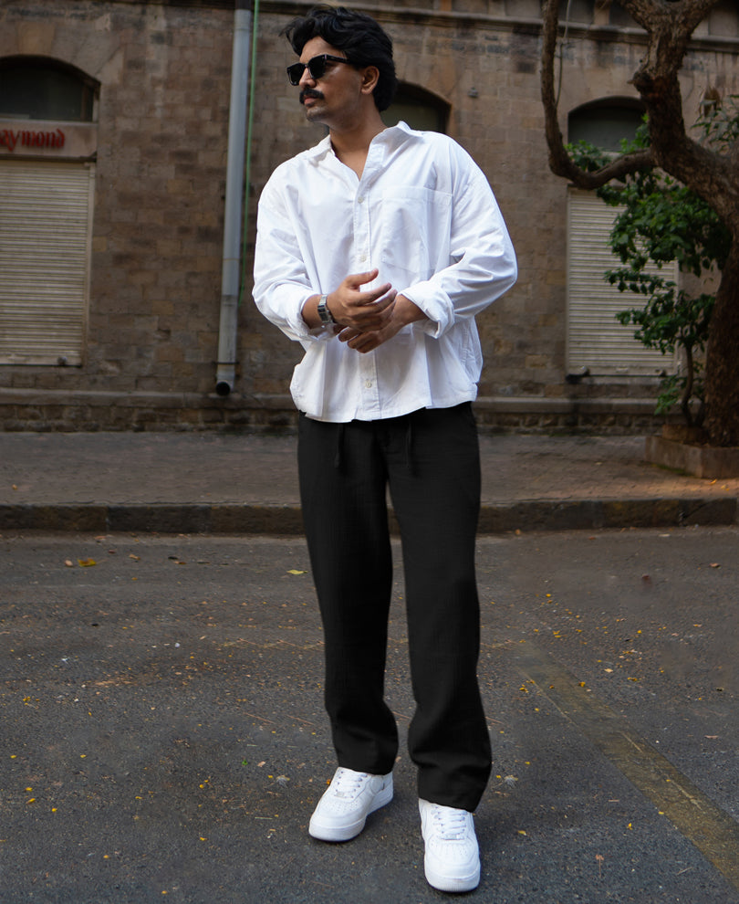 Black Regular Fit Crinkled Trousers