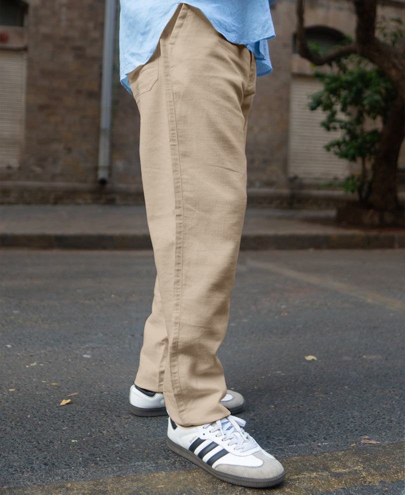 Beige Structured Trouser With Belt