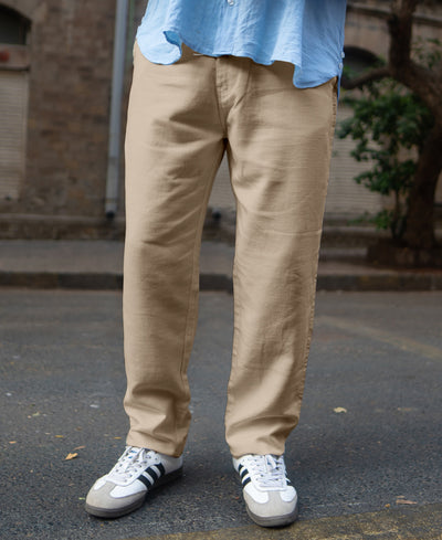 Beige Structured Trouser With Belt