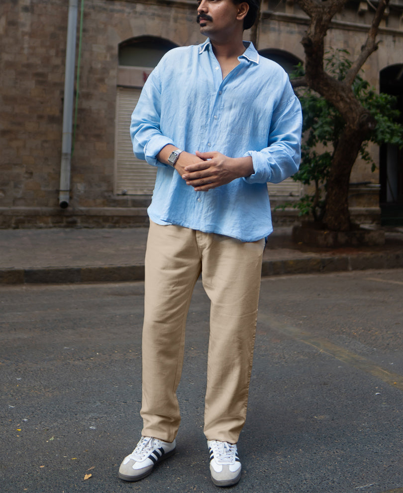 Beige Structured Trouser With Belt