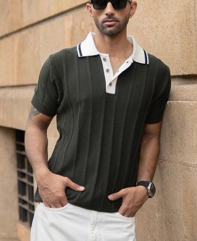 Olive Contrast Collar Knit T-Shirt