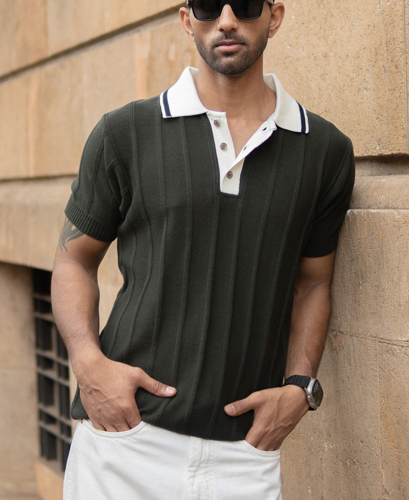 Olive Contrast Collar Knit T-Shirt