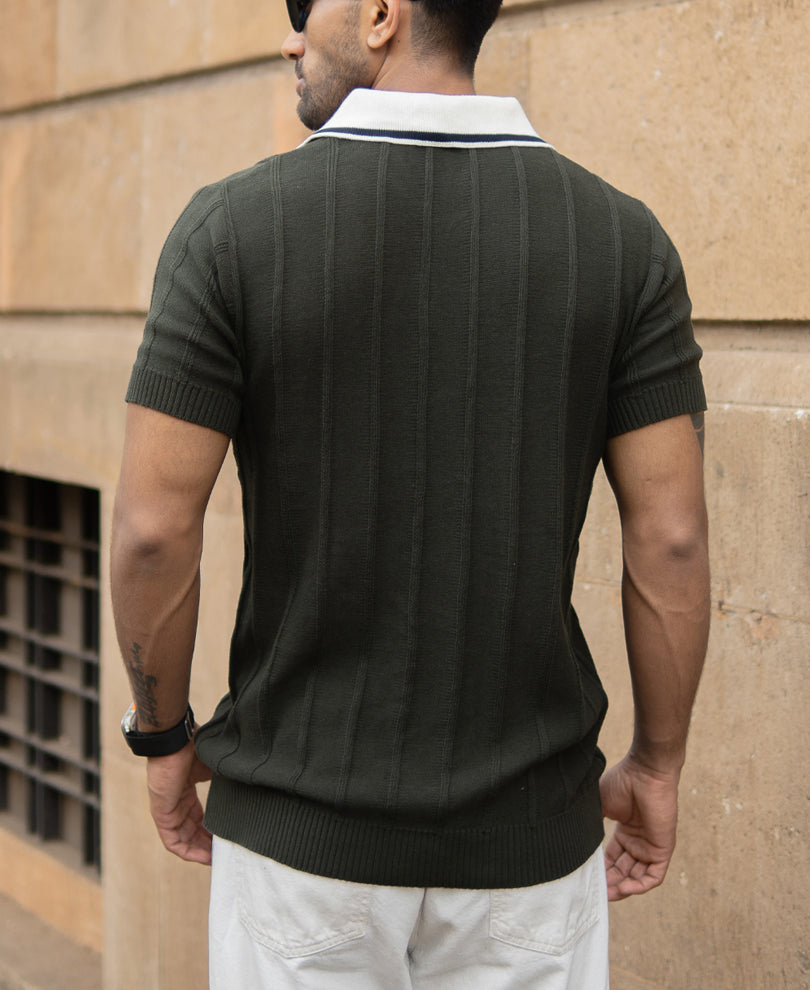 Olive Contrast Collar Knit T-Shirt