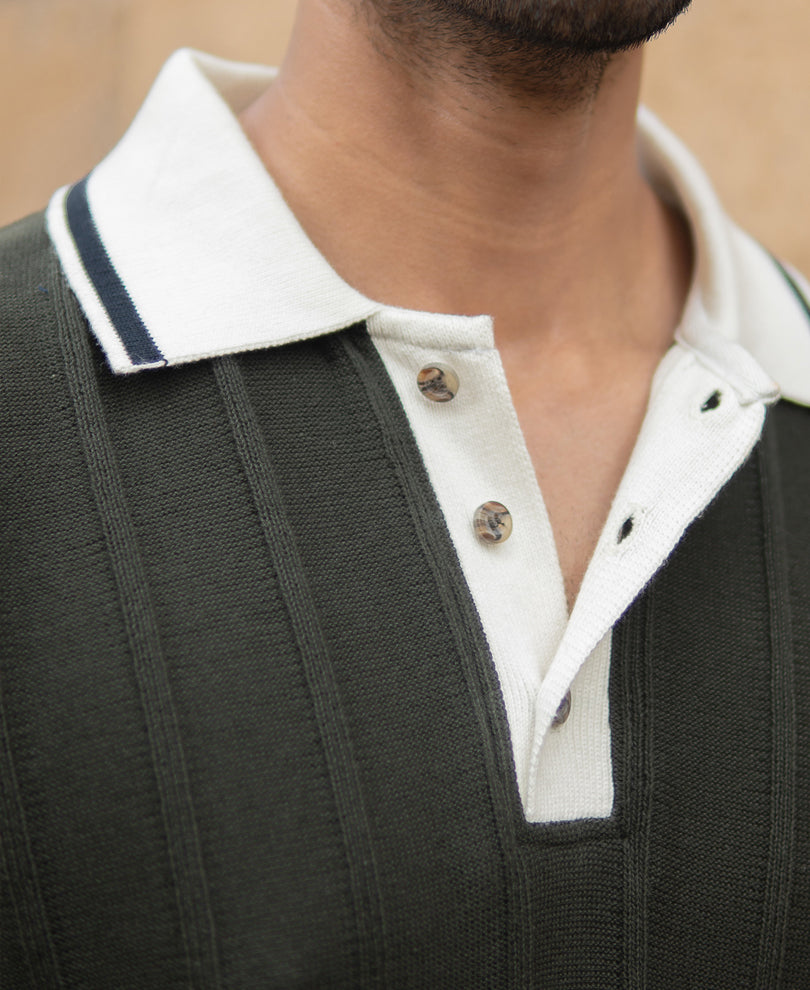Olive Contrast Collar Knit T-Shirt