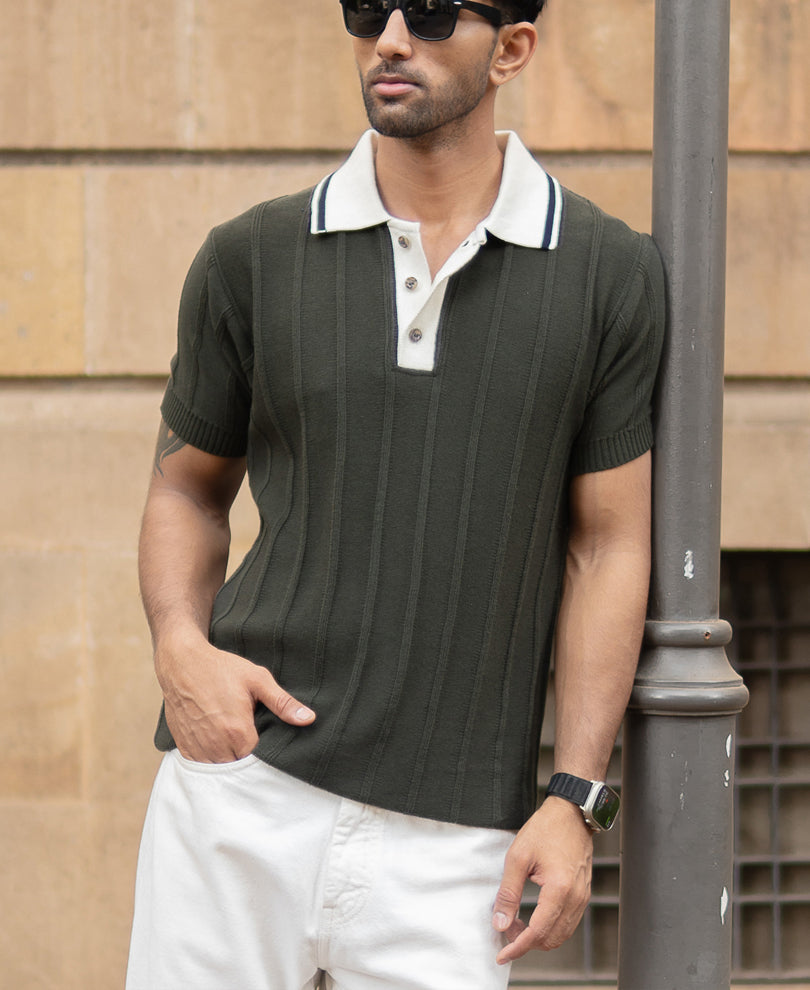 Olive Contrast Collar Knit T-Shirt