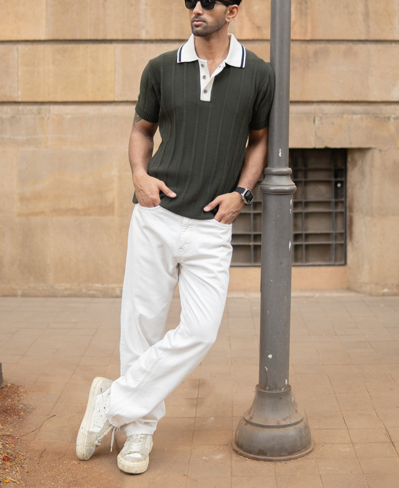 Olive Contrast Collar Knit T-Shirt
