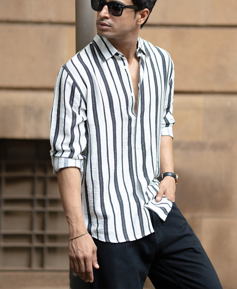 White And Black Striped Flowy Shirt