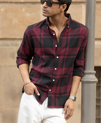 Wine And Black Checks Shirt