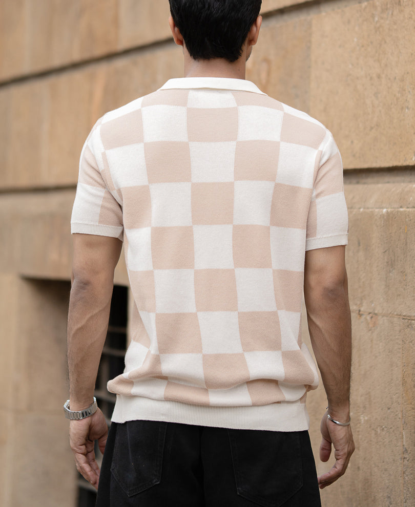 White And Beige Checkerboard Knit T-Shirt