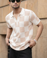 White And Beige Checkerboard Knit T-Shirt