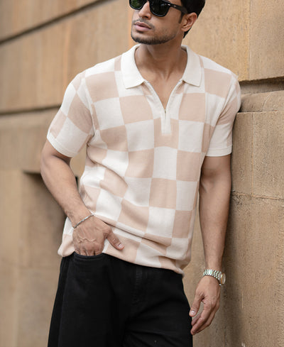 White And Beige Checkerboard Knit T-Shirt