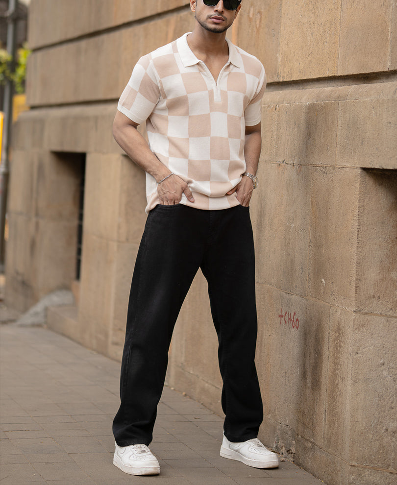 White And Beige Checkerboard Knit T-Shirt