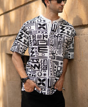 White And Black Printed Henley T-Shirt
