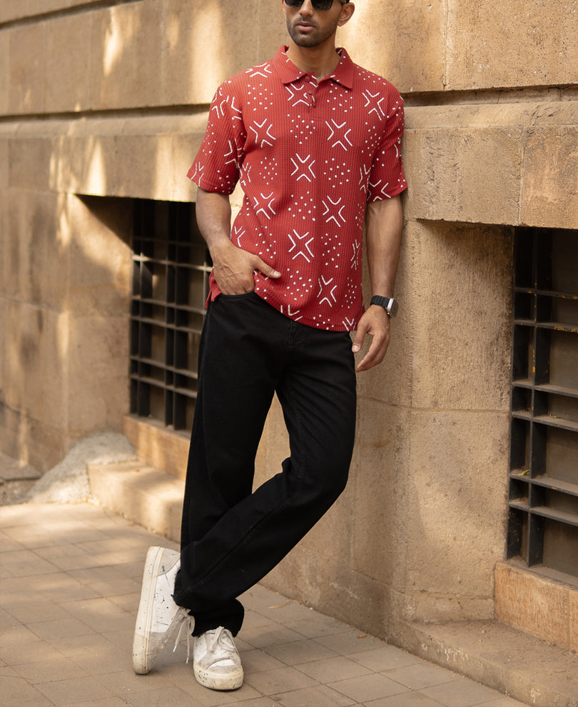 Brick Red Printed Polo T-Shirt