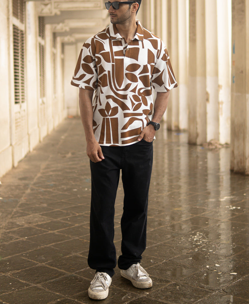 Tan Structure Printed Polo T-Shirt