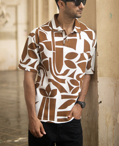 Tan Structure Printed Polo T-Shirt