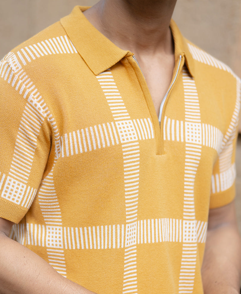 Mustard Knitted Checks T-Shirt