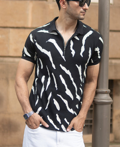 Black Structured Abstract Polo T-Shirt