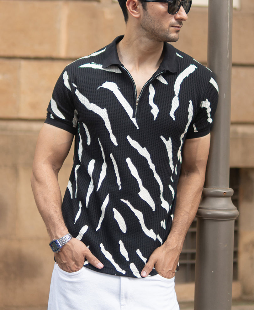 Black Structured Abstract Polo T-Shirt