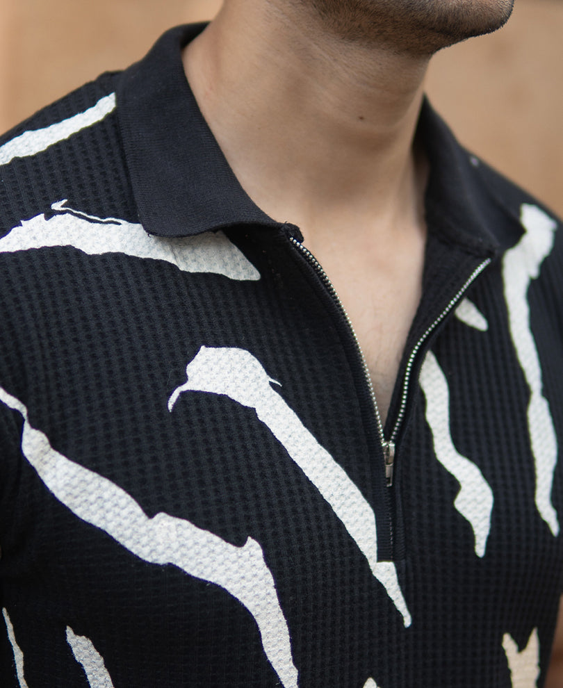 Black Structured Abstract Polo T-Shirt
