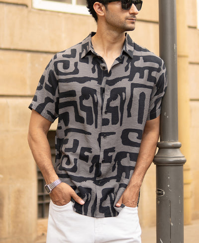 Grey Abstract Print Flowy Half Sleeves Shirt