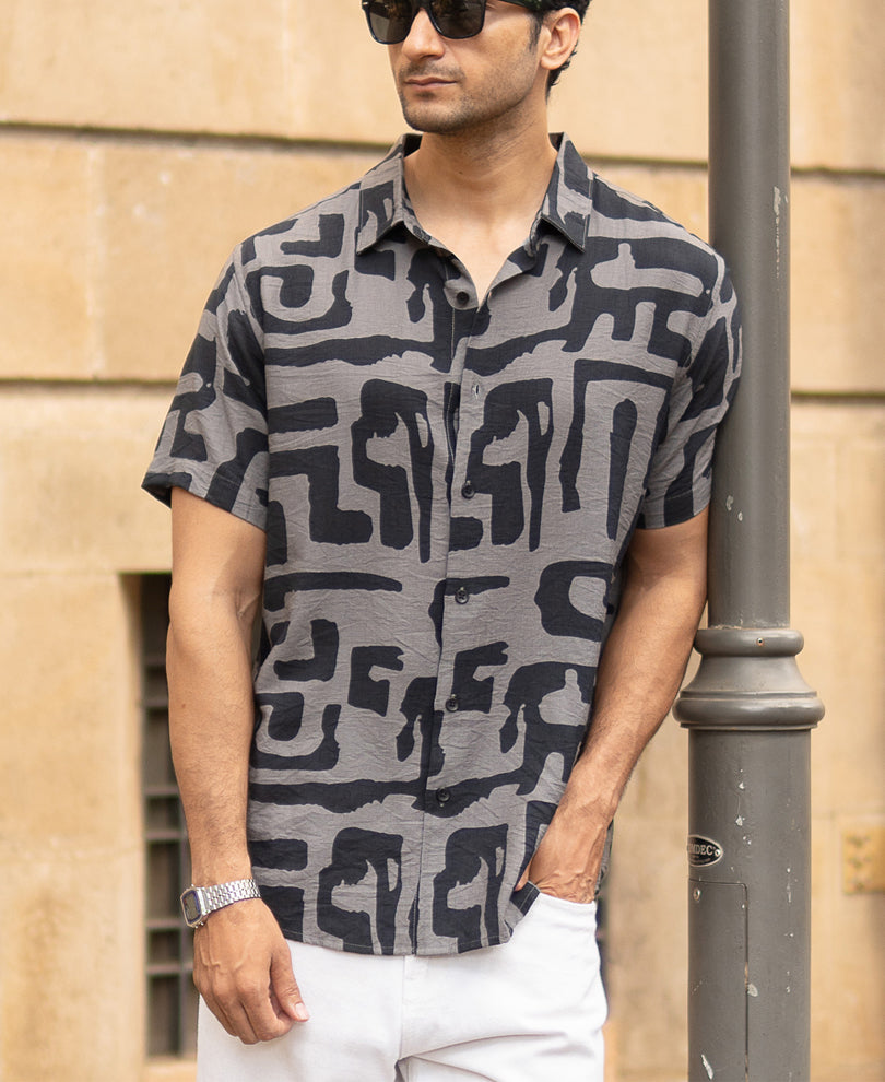 Grey Abstract Print Flowy Half Sleeves Shirt