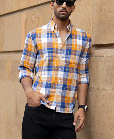 Ochre And Blue Checks Shirt