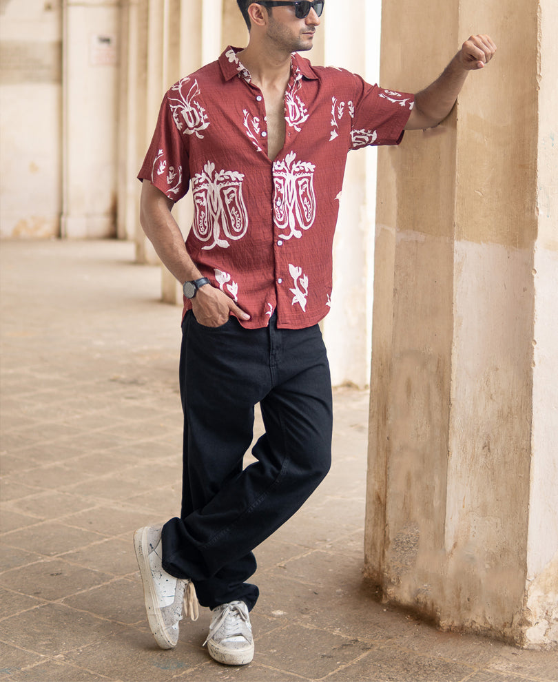 Brick Red Printed Flowy Shirt