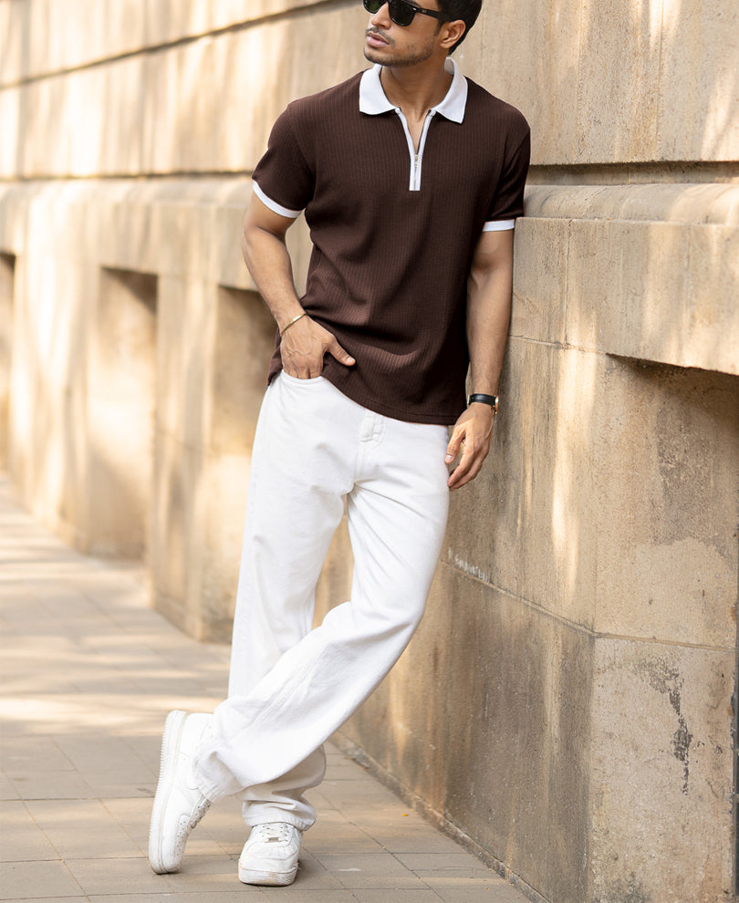 Brown Contrast Collar Structured T-Shirt