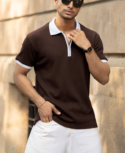 Brown Contrast Collar Structured T-Shirt