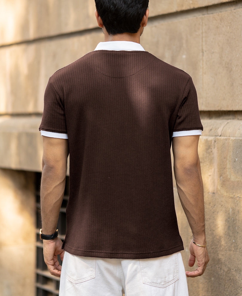 Brown Contrast Collar Structured T-Shirt