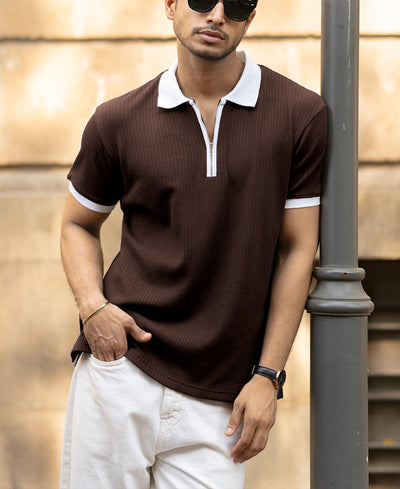 Brown Contrast Collar Structured T-Shirt