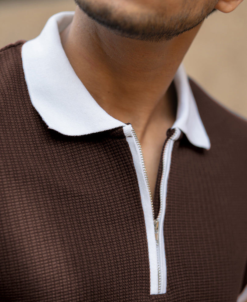 Brown Contrast Collar Structured T-Shirt