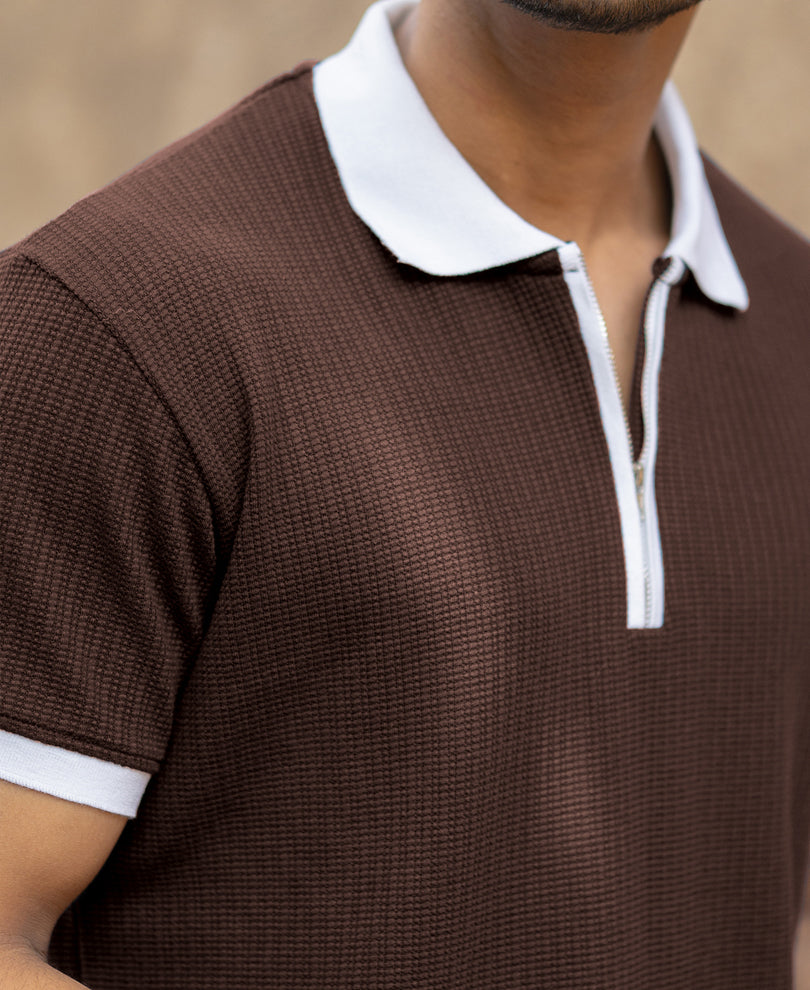 Brown Contrast Collar Structured T-Shirt