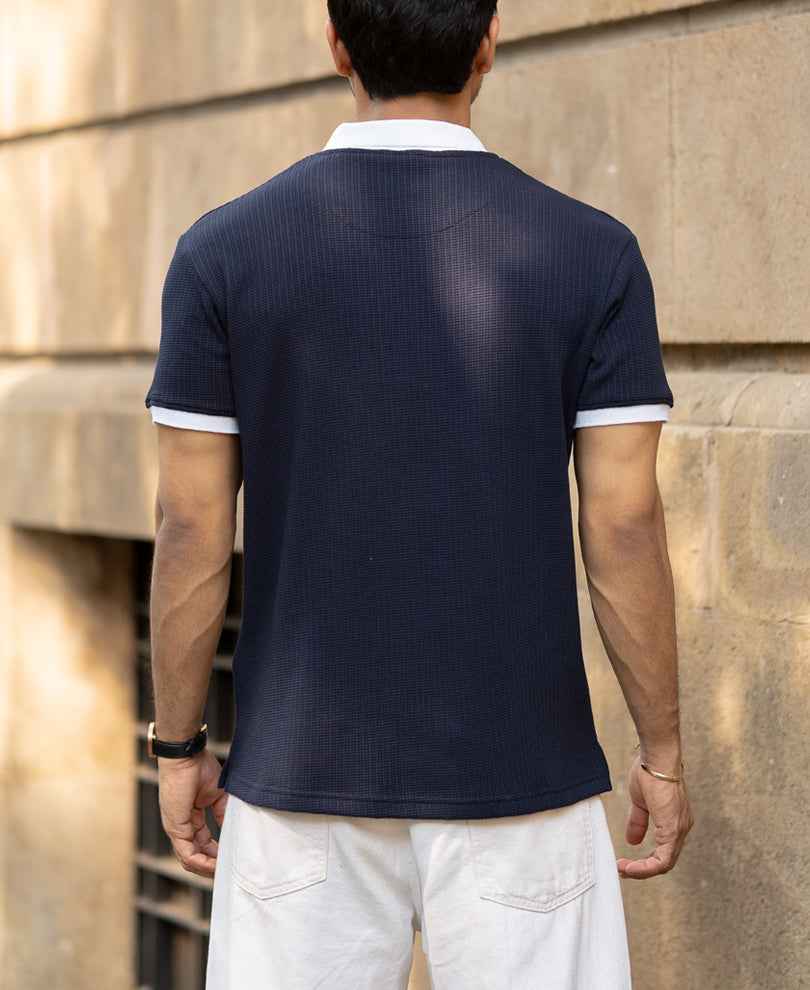 Navy Contrast Collar Structured T-Shirt