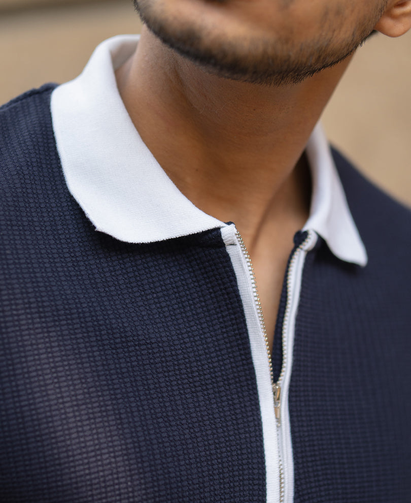 Navy Contrast Collar Structured T-Shirt
