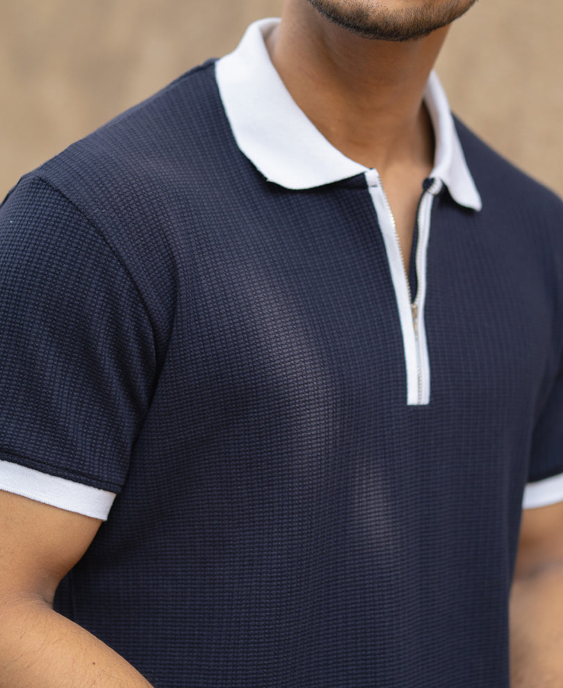 Navy Contrast Collar Structured T-Shirt