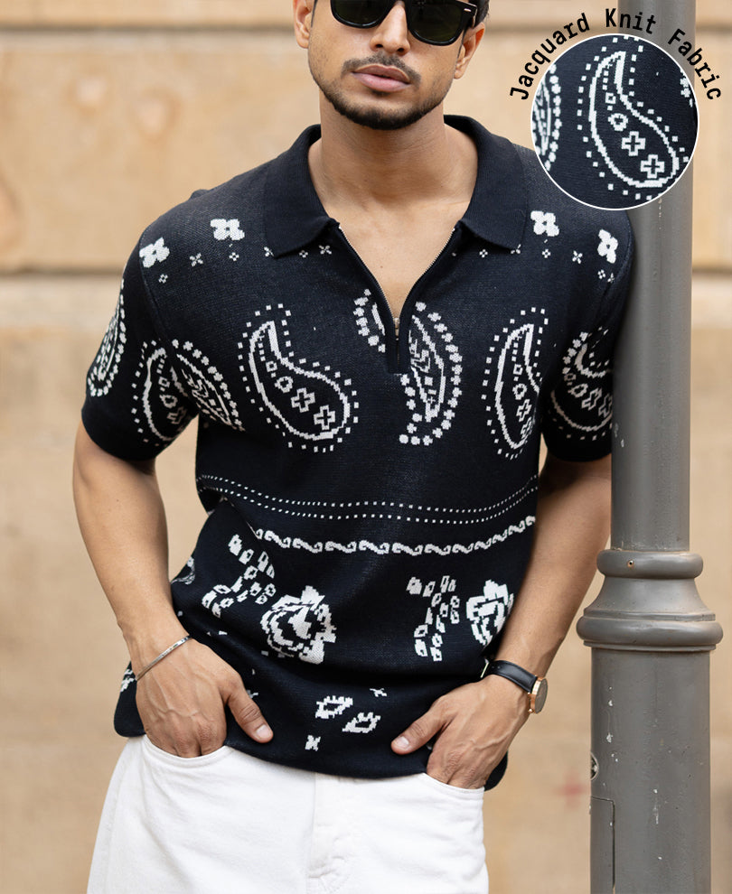 Navy Paisley Jacquard Knit T-Shirt.