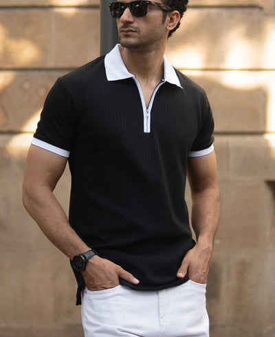 Black Knit Contrast Polo T-Shirts
