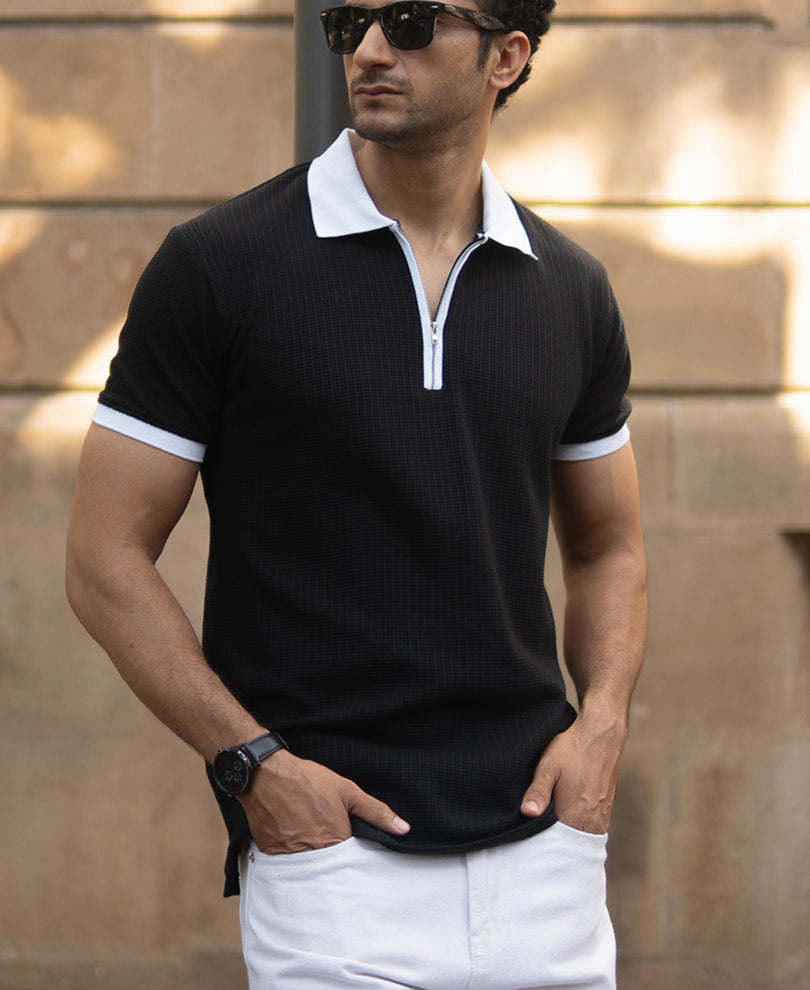 Black Knit Contrast Polo T-Shirts