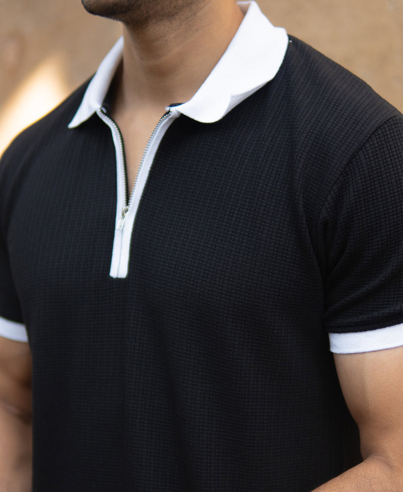 Black Knit Contrast Polo T-Shirts