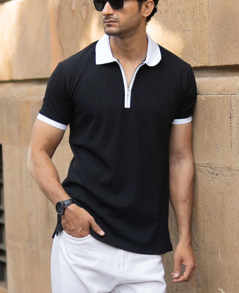 Black Knit Contrast Polo T-Shirts