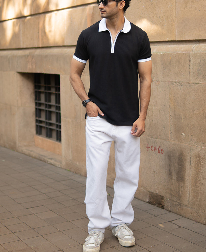Black Knit Contrast Polo T-Shirts