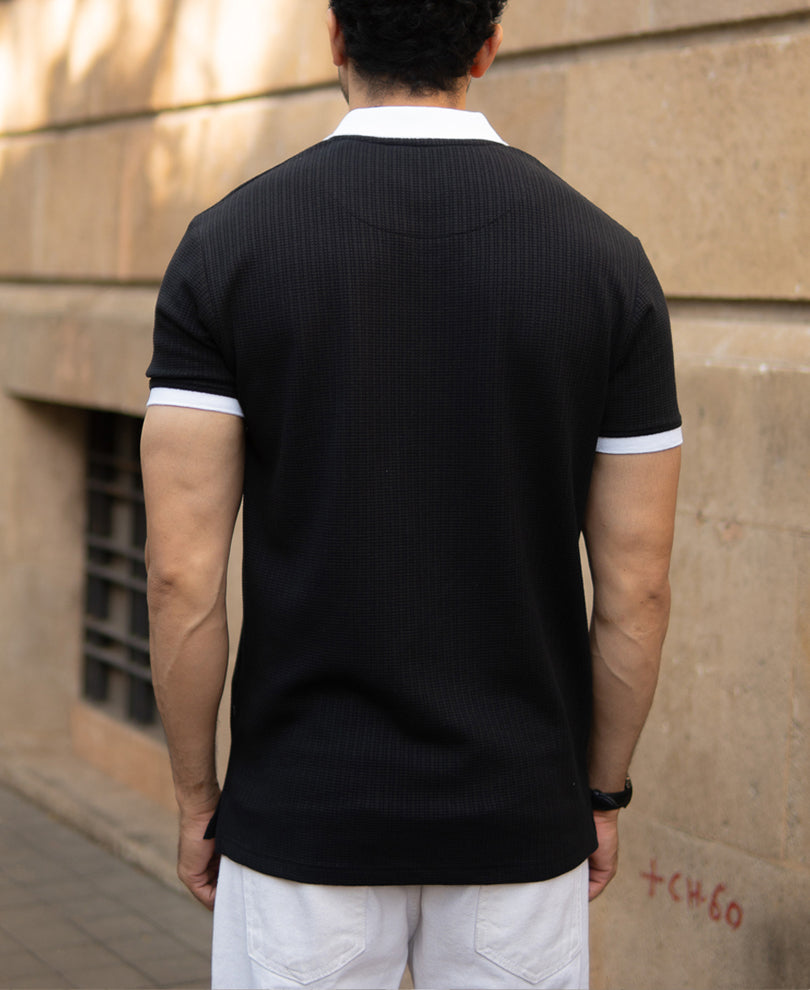 Black Knit Contrast Polo T-Shirts