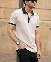 Beige Contrast Collar Zipper T-Shirt