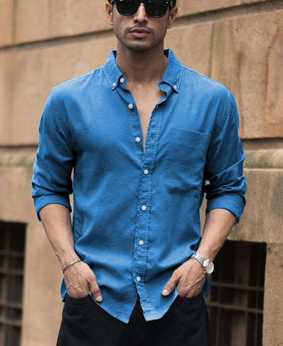 Cerulean Blue Linen Blend Shirt