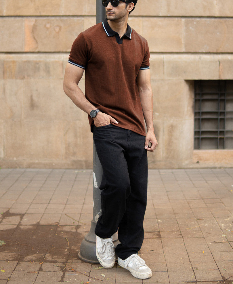 Brown Contrast Collar T-Shirt