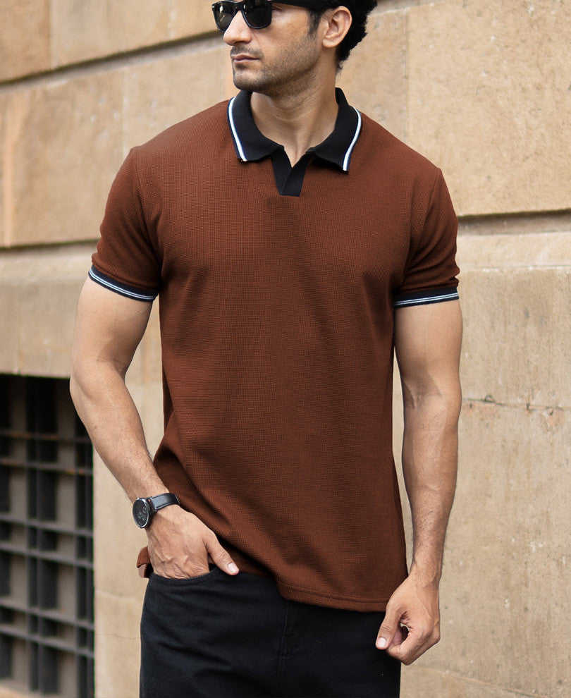 Brown Contrast Collar T-Shirt