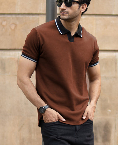 Brown Contrast Collar T-Shirt