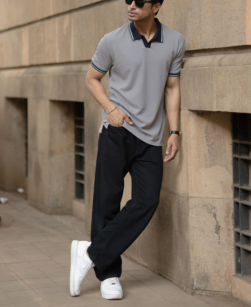 Grey Contrast Collar T-Shirt